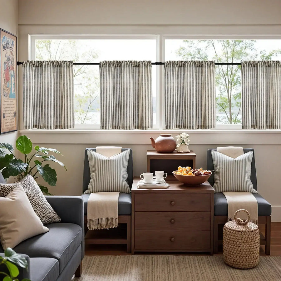 Colorful Striped Linen Wood Ear Edge Kitchen Curtains - Jinchan Home