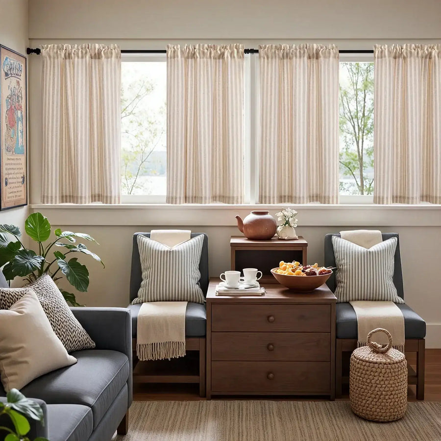 Colorful Striped Linen Wood Ear Edge Kitchen Curtains - Jinchan Home