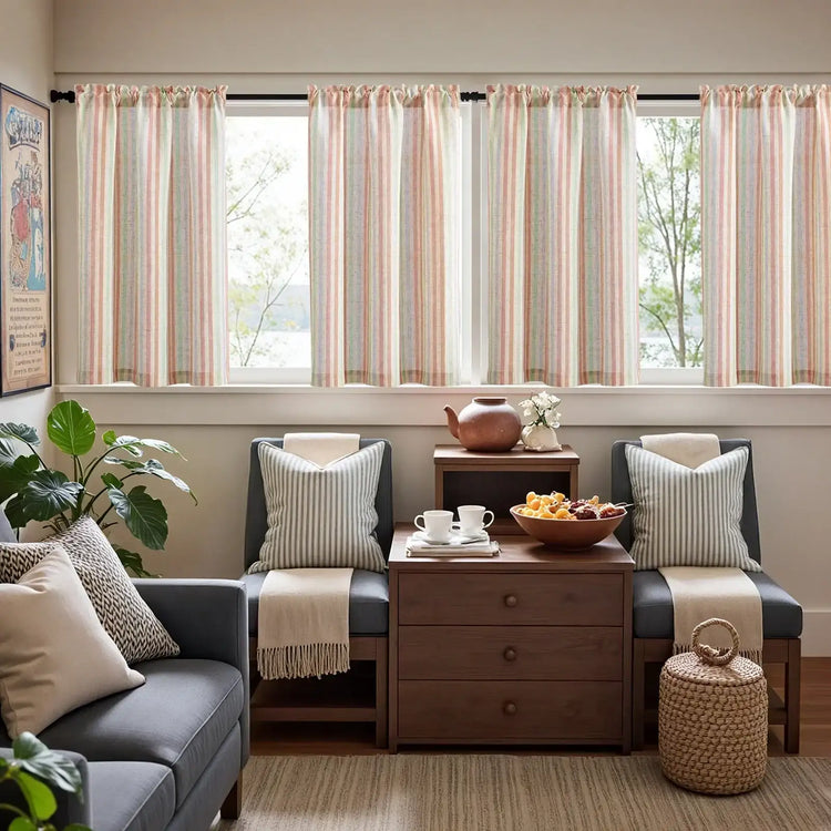 Colorful Striped Linen Wood Ear Edge Kitchen Curtains - Jinchan Home