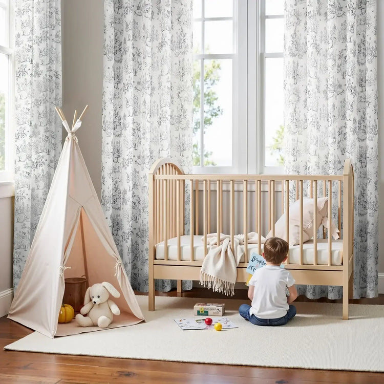 Bunny & Squirrel Toile Linen Curtains - Jinchan Home