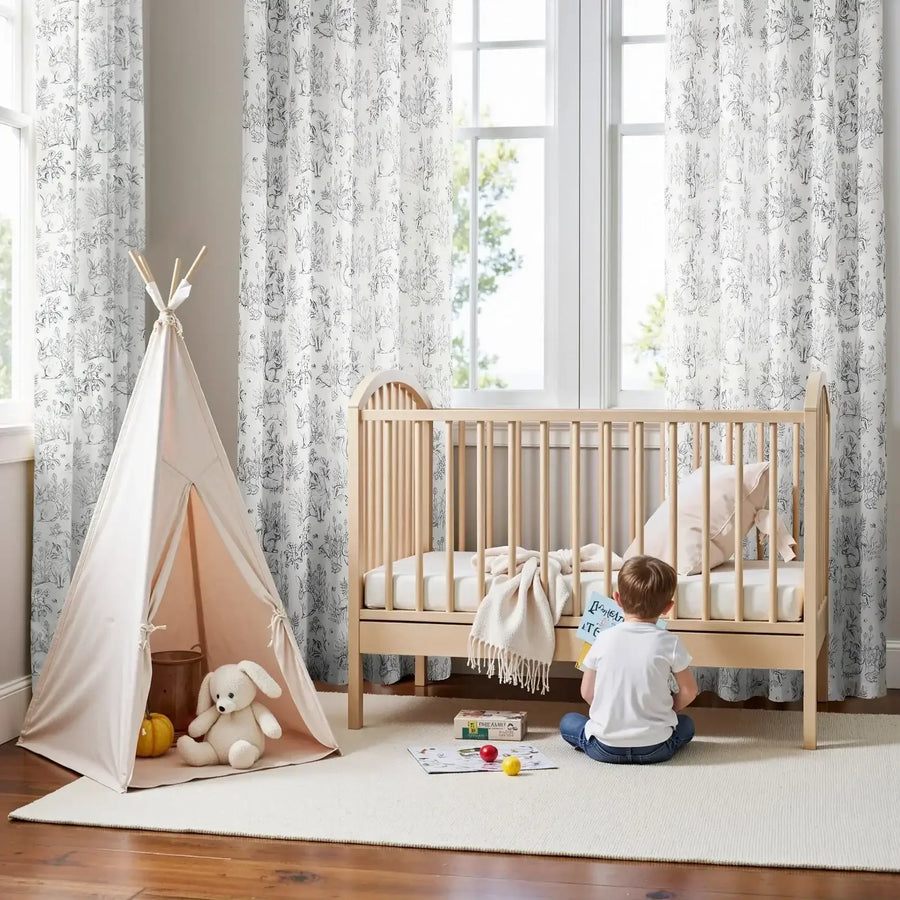 Bunny & Squirrel Toile Linen Curtains - Jinchan Home