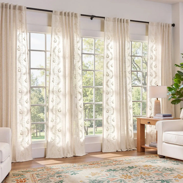 Embroidered Vine Floral Linen Curtains - Jinchan Home