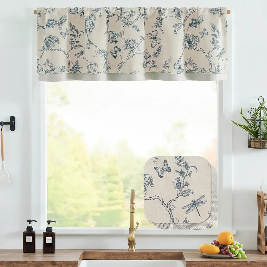 Botanical Butterfly Print Linen Valance - Jinchan Home