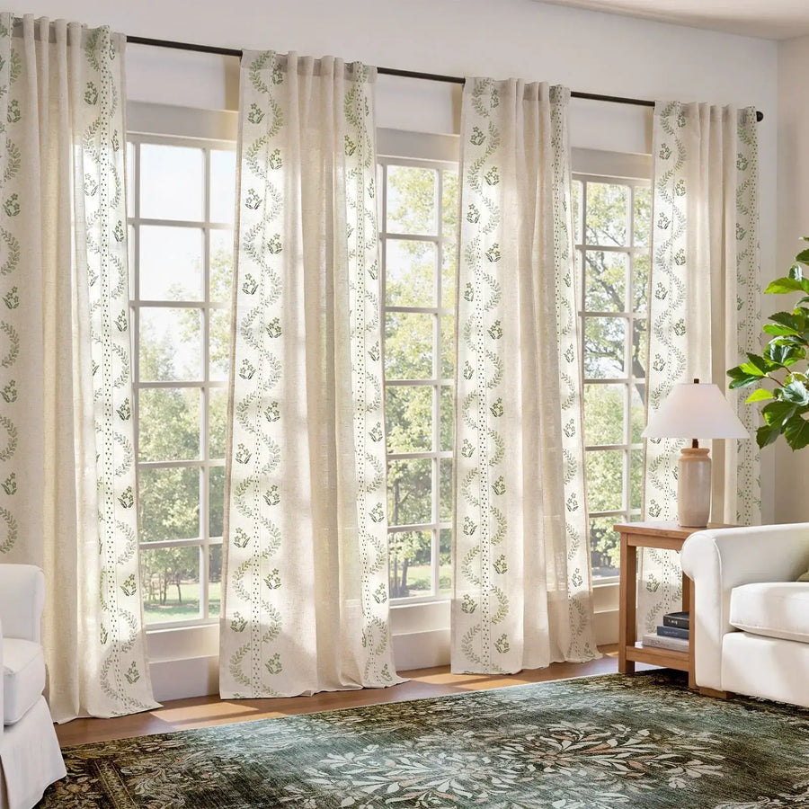 Embroidered Vine Floral Linen Curtains - Jinchan Home