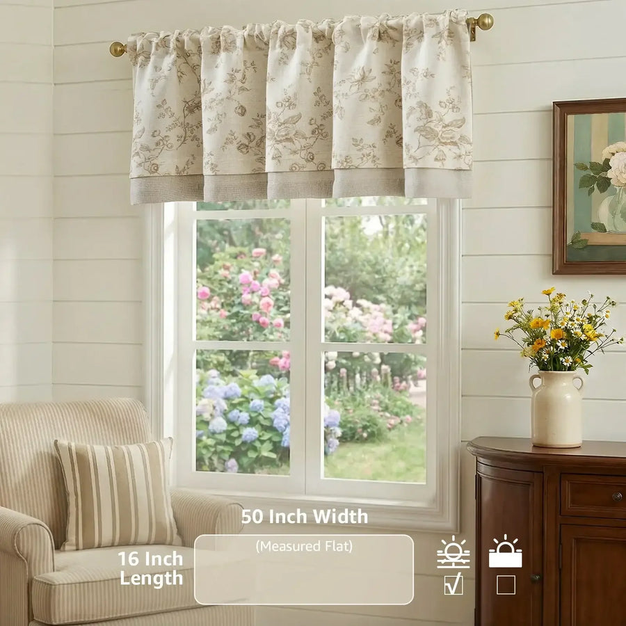 Vintage Rose Print Linen-Blend Rod Pocket Valance - Jinchan Home
