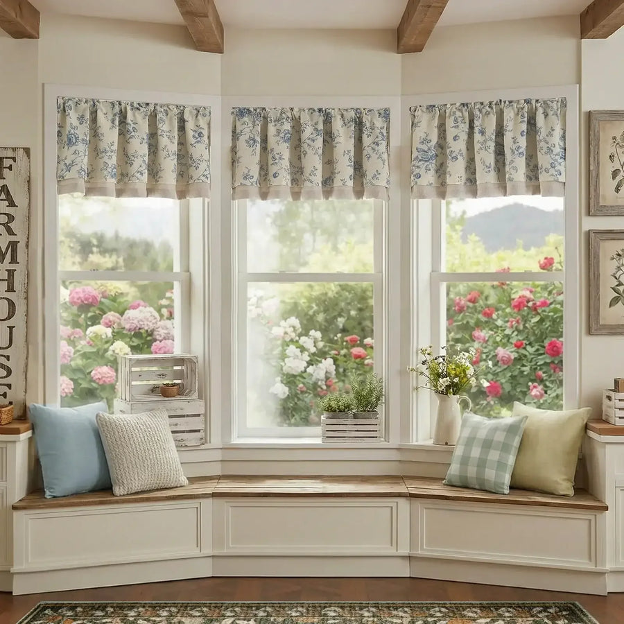 Vintage Rose Print Linen-Blend Rod Pocket Valance - Jinchan Home