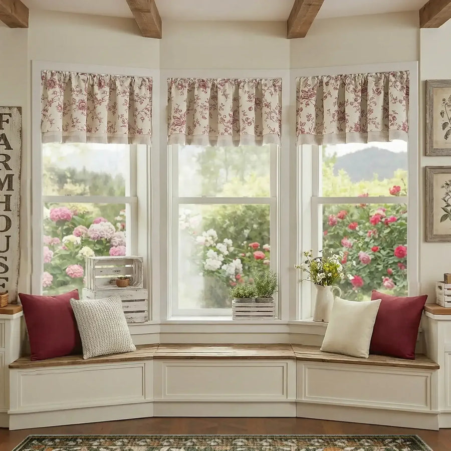 Vintage Rose Print Linen-Blend Rod Pocket Valance - Jinchan Home