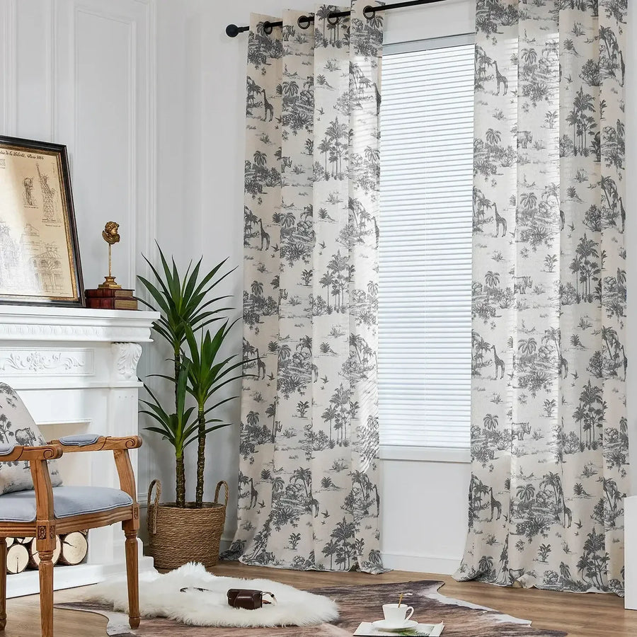 Jungle Safari Vintage Toile Print Grommet Curtains - Jinchan Home