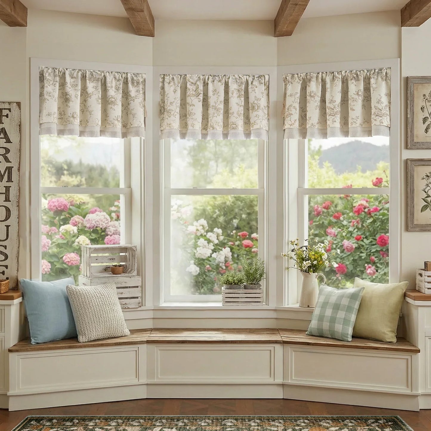 Vintage Rose Print Linen-Blend Rod Pocket Valance - Jinchan Home