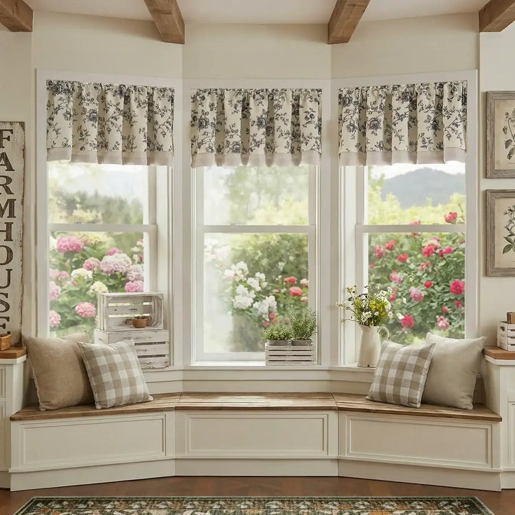Vintage Rose Print Linen-Blend Rod Pocket Valance - Jinchan Home