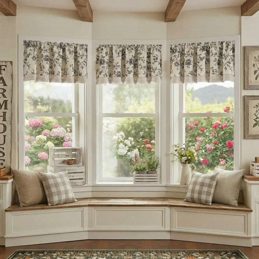 Vintage Rose Print Linen-Blend Rod Pocket Valance - Jinchan Home