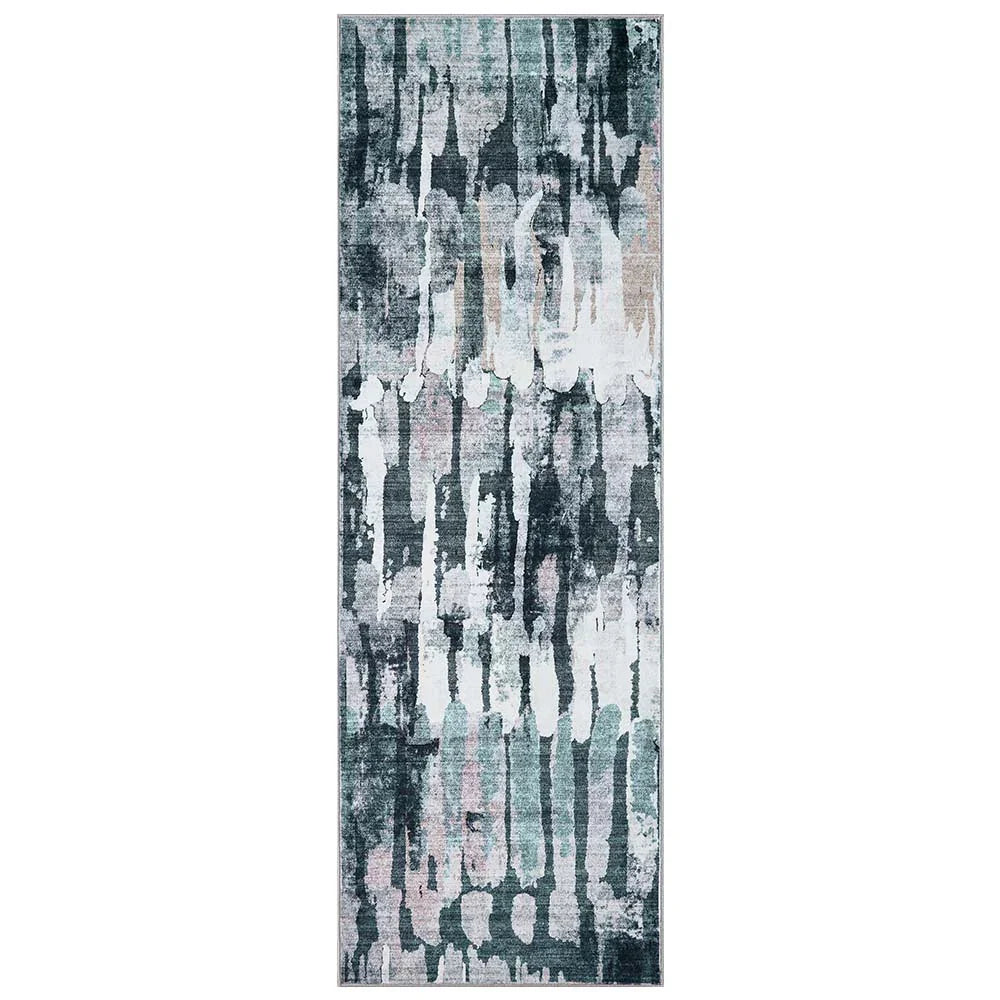 Abstract patterned runner rug with vertical brushstroke design in gray, black, white, and teal colors