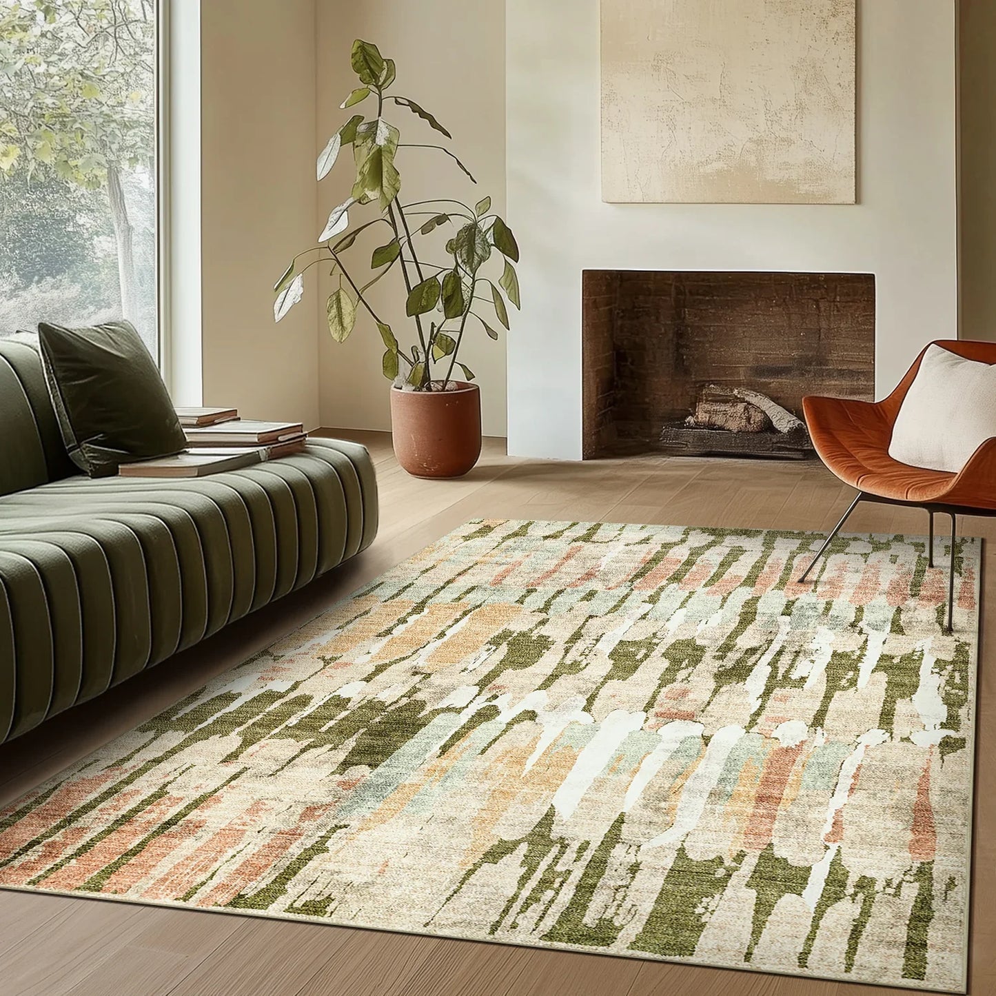 Modern living room with abstract pattern area rug, olive green sofa, rust chair, potted plant, and fireplace