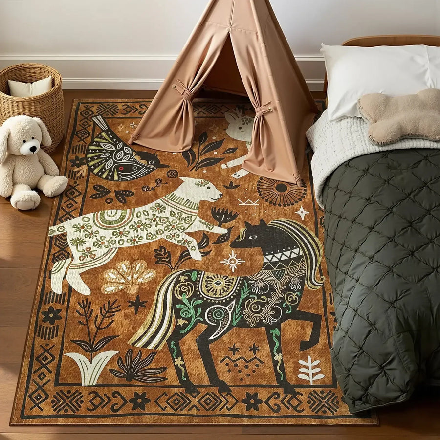 Boho Tribal Woodland Animal Rug - Jinchan Home
