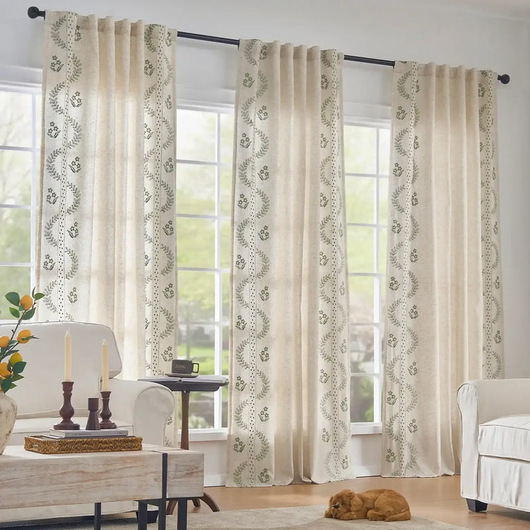 Vintage Lined Embroidered Botanical Border Curtains - Jinchan Home