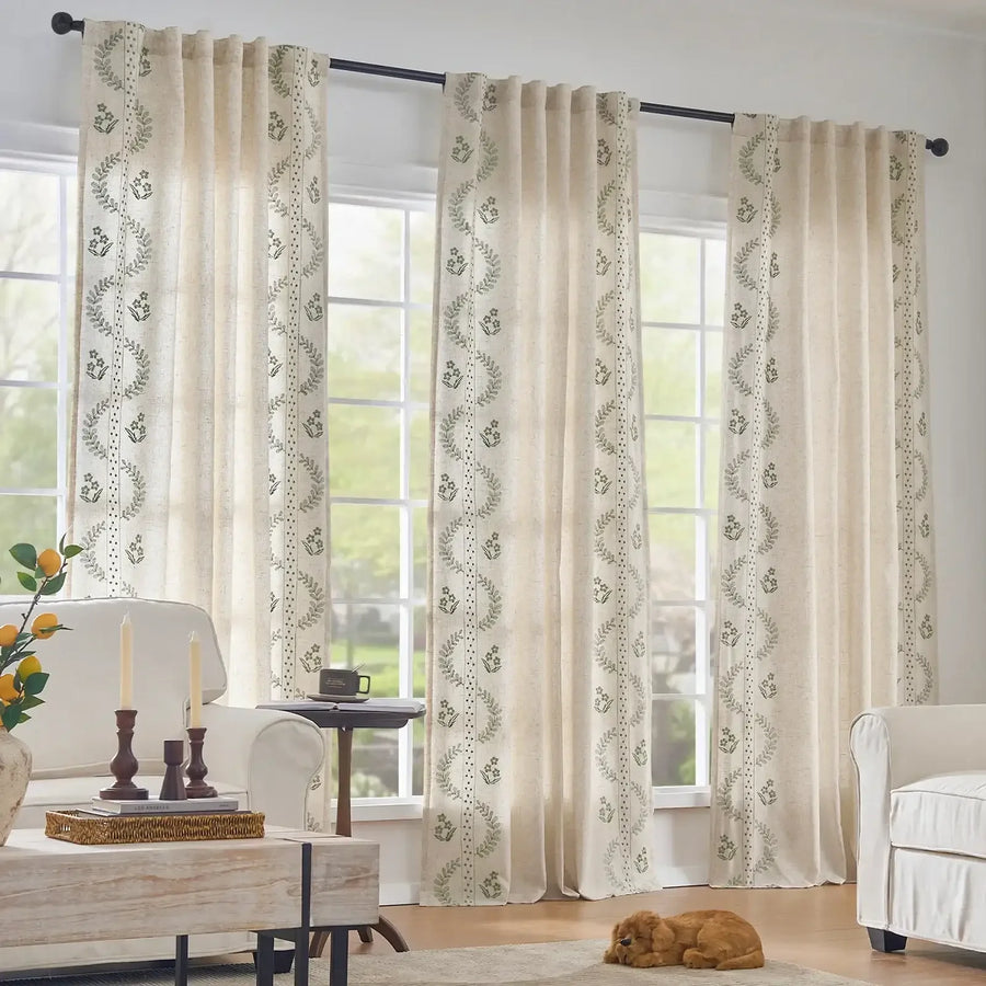 Vintage Lined Embroidered Botanical Border Curtains - Jinchan Home