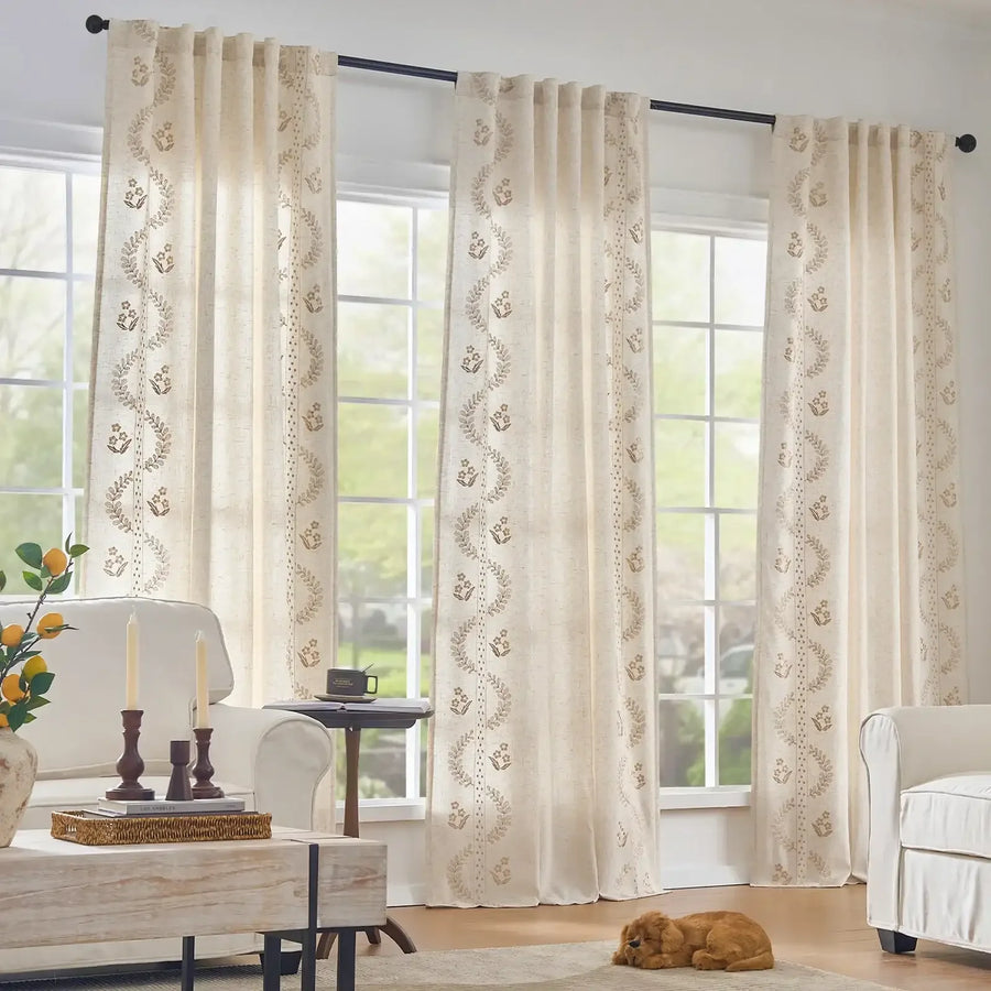 Vintage Lined Embroidered Botanical Border Curtains - Jinchan Home