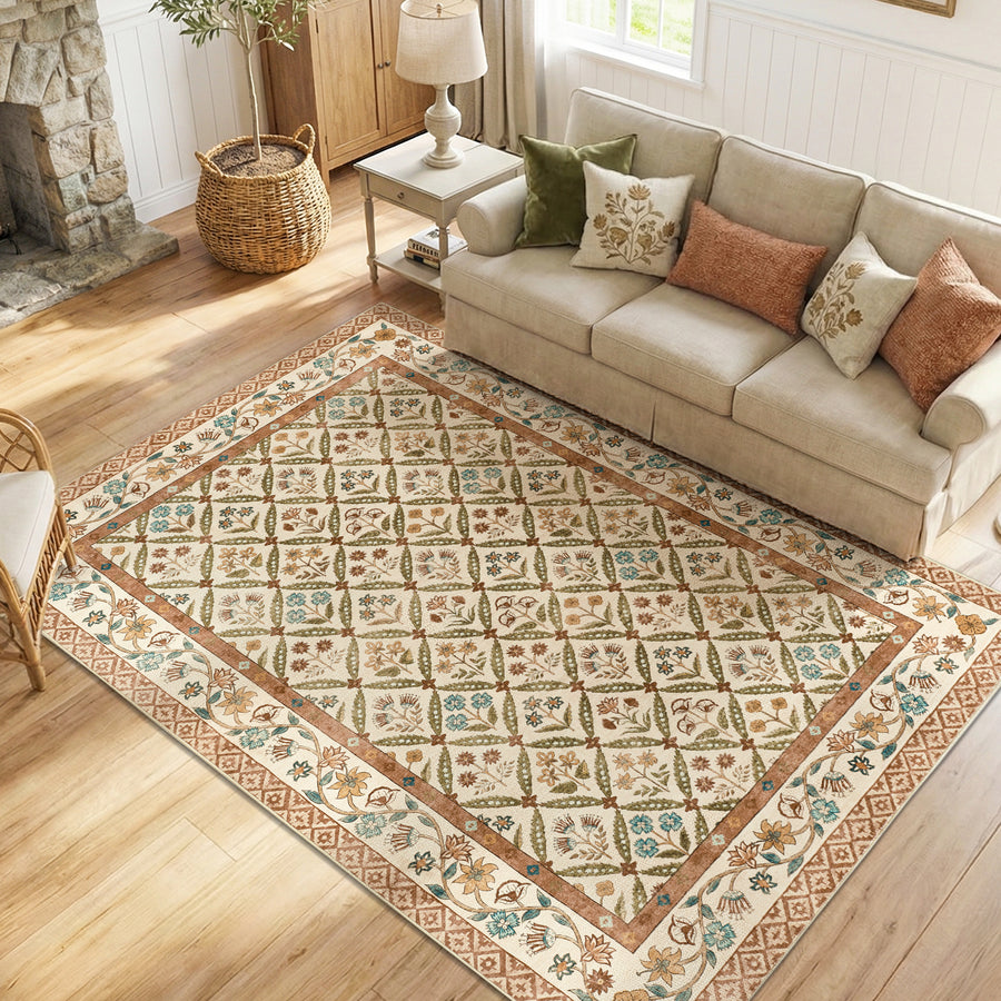 Vintage Floral Polypropylene Area Rug - Jinchan Home