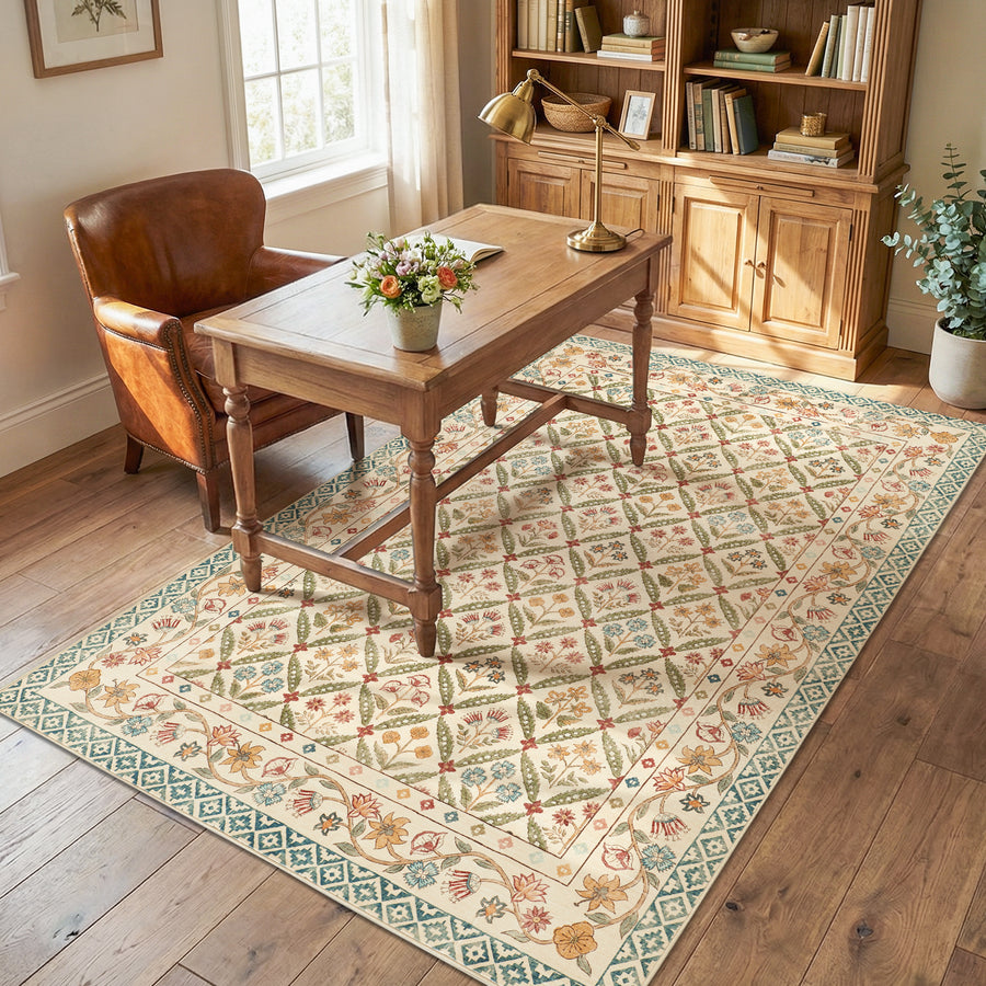 Vintage Floral Polypropylene Area Rug - Jinchan Home