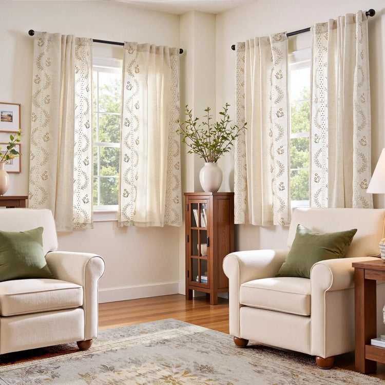 Embroidered Vine Floral Linen Curtains - Jinchan Home
