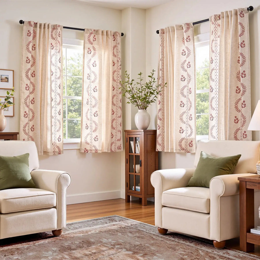 Embroidered Vine Floral Linen Curtains - Jinchan Home