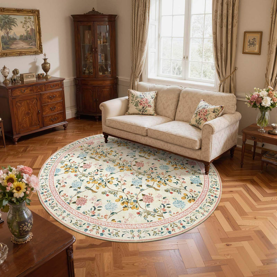 Lemon and Hydrangea Botanical Bird Area Rug - Jinchan Home