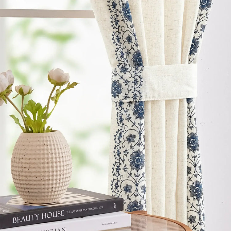 Floral Embroidered Linen Blend Kitchen Curtains - Jinchan Home