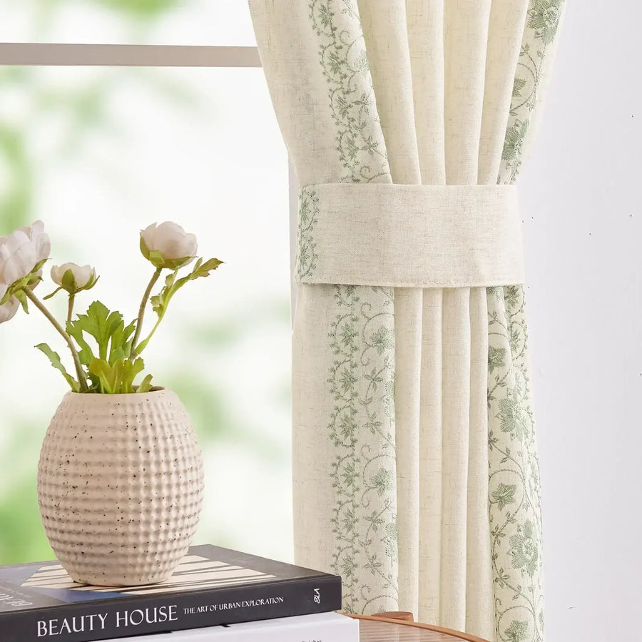 Floral Embroidered Linen Blend Kitchen Curtains - Jinchan Home