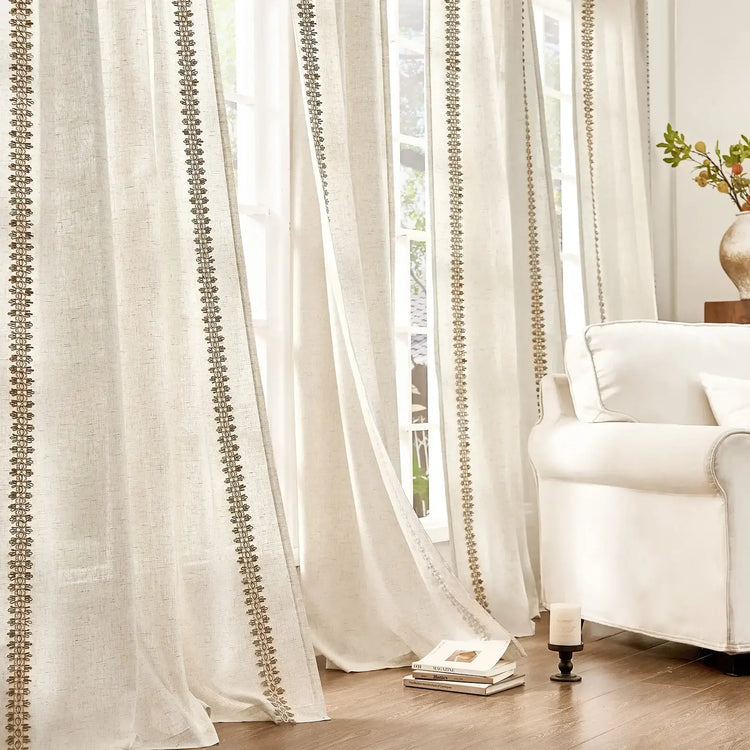 Braided Jute Trim Linen Blend Curtains - Jinchan Home
