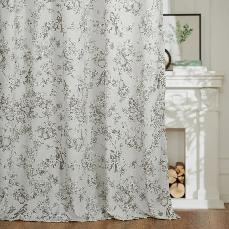 Vintage Bird & Vine Linen Curtains - Jinchan Home
