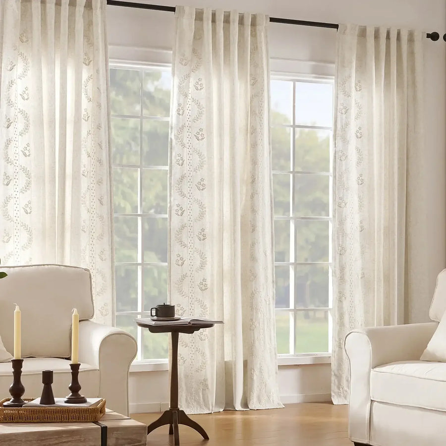 Vintage Lined Embroidered Botanical Border Curtains - Jinchan Home
