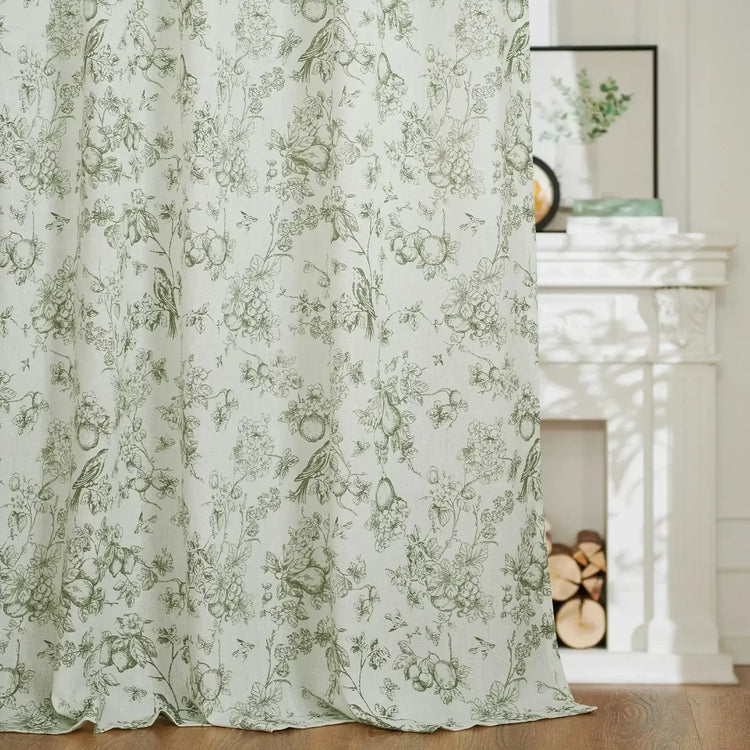 Vintage Bird & Vine Linen Curtains - Jinchan Home