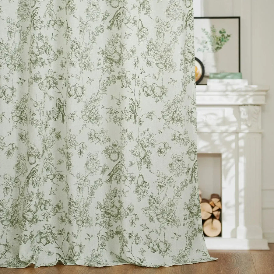 Vintage Bird & Vine Linen Curtains - Jinchan Home