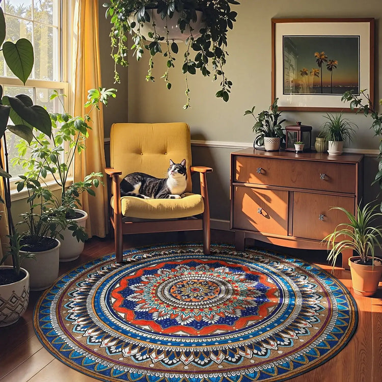 Cozy living room with a cat on a yellow armchair, round colorful mandala rug, wooden cabinet, and green plants