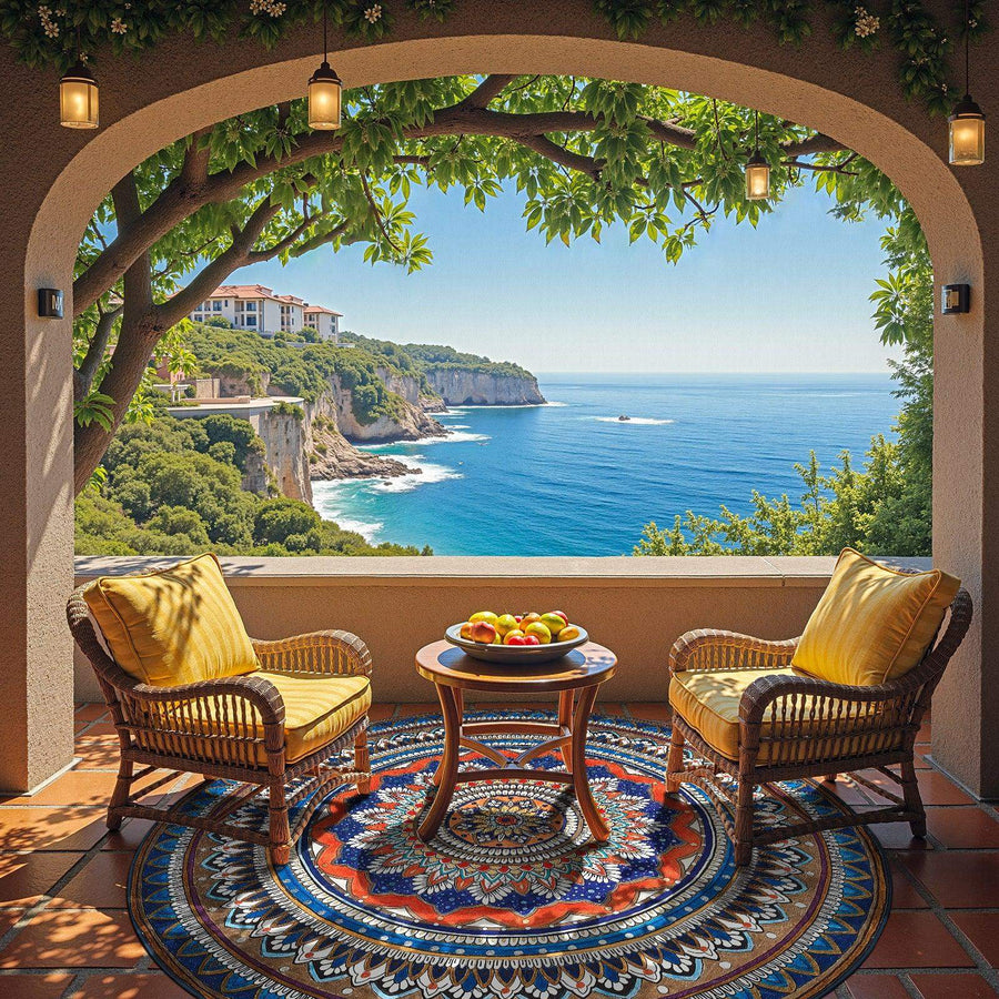 Cozy terrace with wicker chairs, colorful rug, fruit bowl overlooking Mediterranean sea cliffs on sunny day