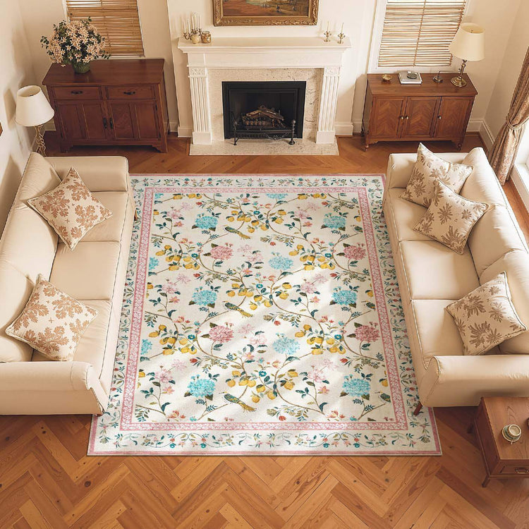 Lemon and Hydrangea Botanical Bird Area Rug - Jinchan Home