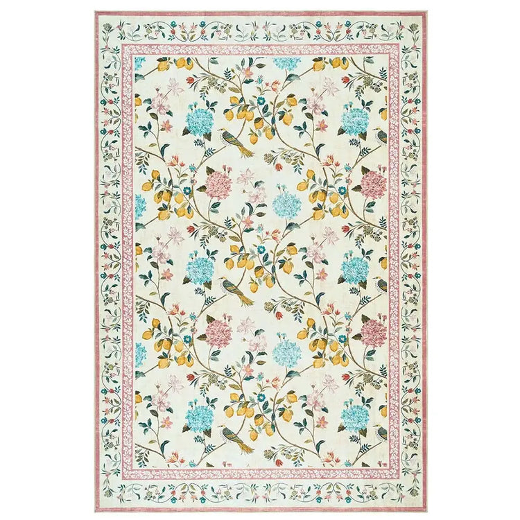 Lemon and Hydrangea Botanical Bird Area Rug - Jinchan Home