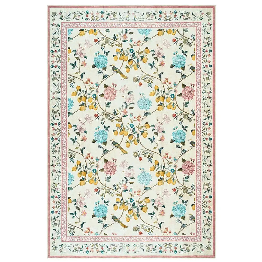 Lemon and Hydrangea Botanical Bird Area Rug - Jinchan Home