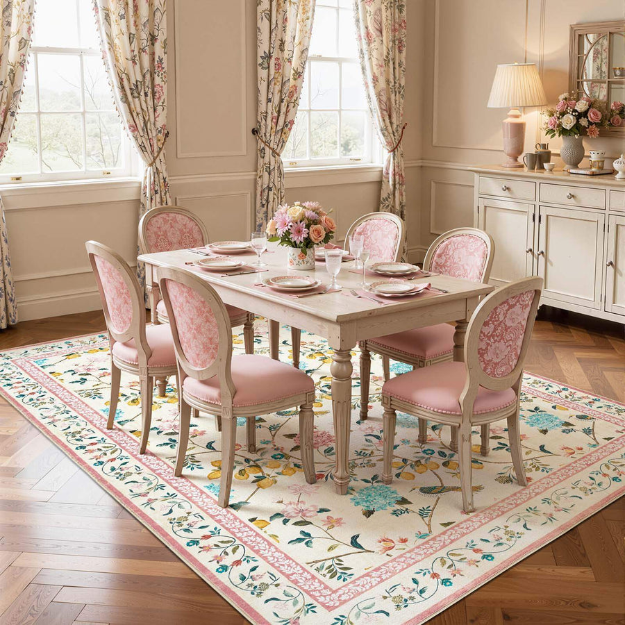 Lemon and Hydrangea Botanical Bird Area Rug - Jinchan Home