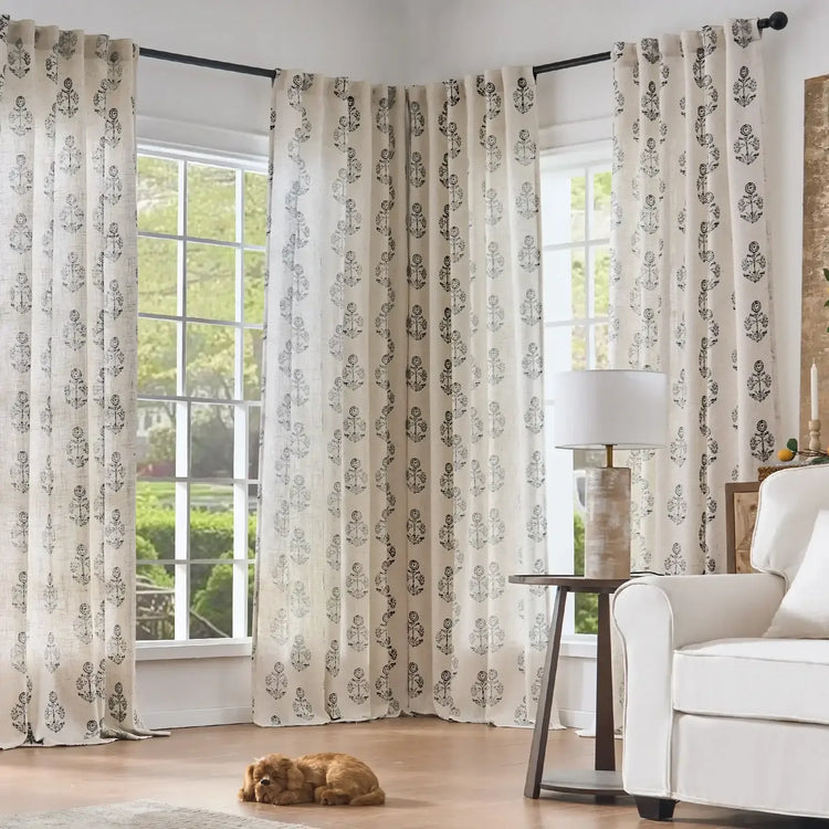 Linear Mini Floral and Leaf Linen Curtains - Jinchan Home
