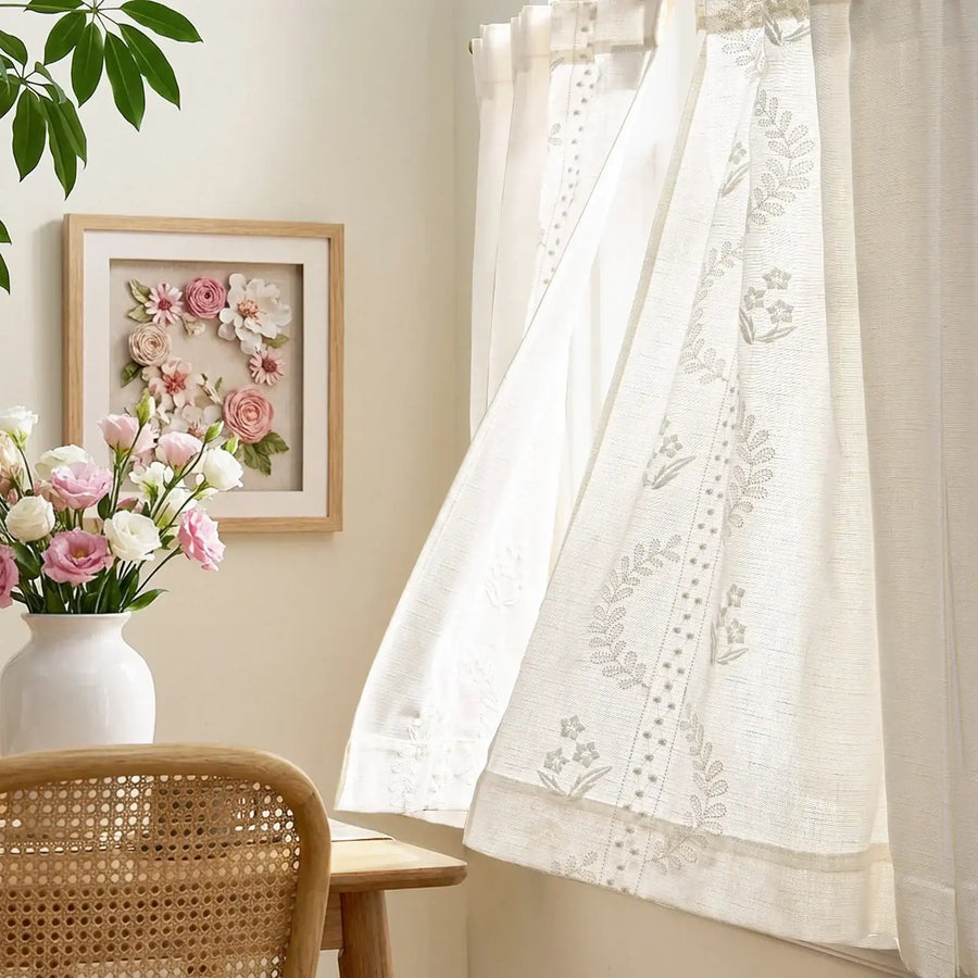Vintage Wavy Floral Embroidery Kitchen Curtains - Jinchan Home