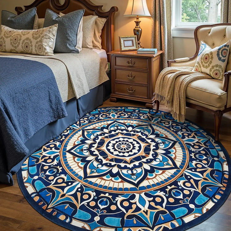 Elegant bedroom with wooden bed, blue quilt, patterned round rug, nightstand with lamp, and armchair