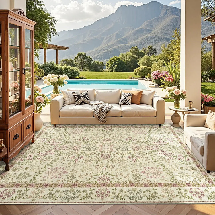 Hand-Painted Vintage Foliage & Floral Area Rug - Jinchan Home