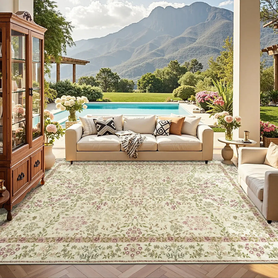 Hand-Painted Vintage Foliage & Floral Area Rug - Jinchan Home