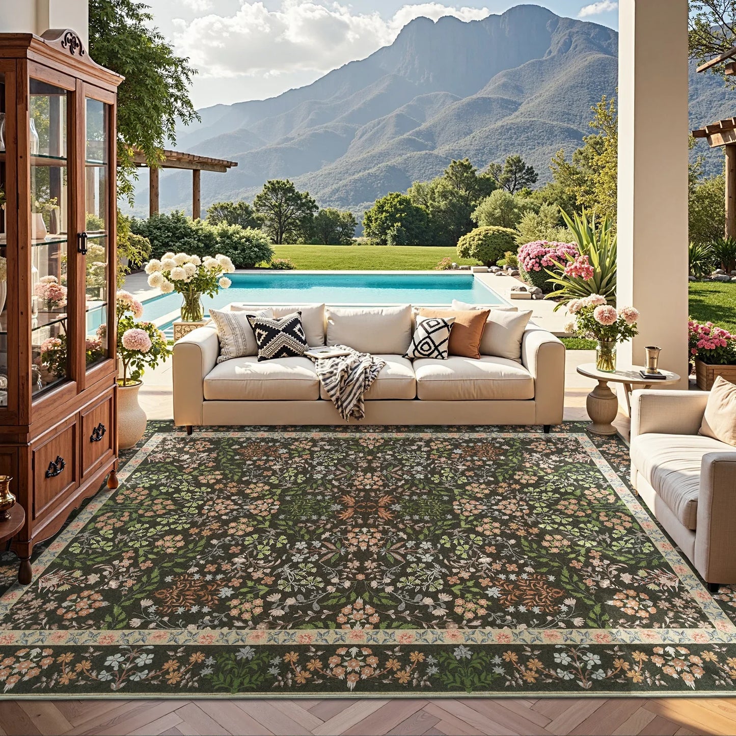 Hand-Painted Vintage Foliage & Floral Area Rug - Jinchan Home