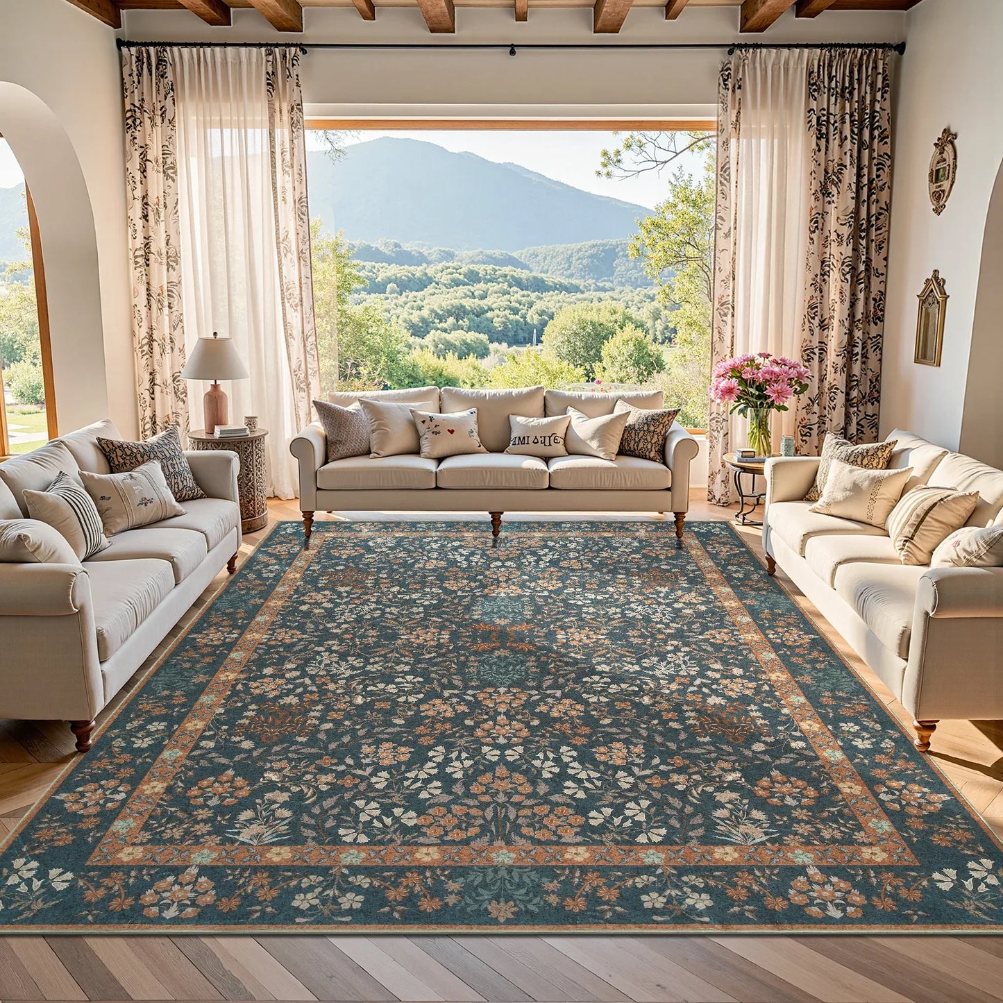 Hand-Painted Vintage Foliage & Floral Area Rug - Jinchan Home