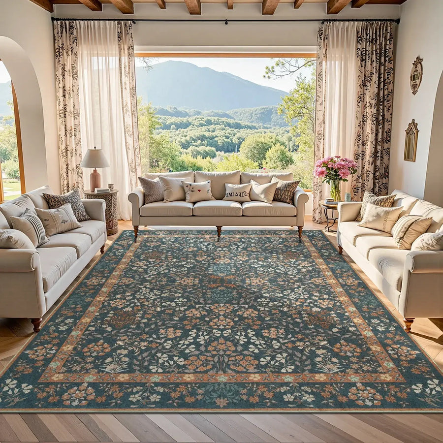 Hand-Painted Vintage Foliage & Floral Area Rug - Jinchan Home