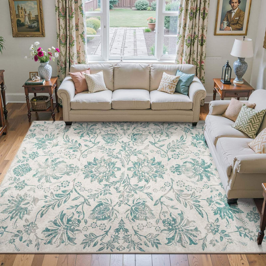 Vintage Distressed Large Floral Scrollwork Area Rug - Jinchan Home