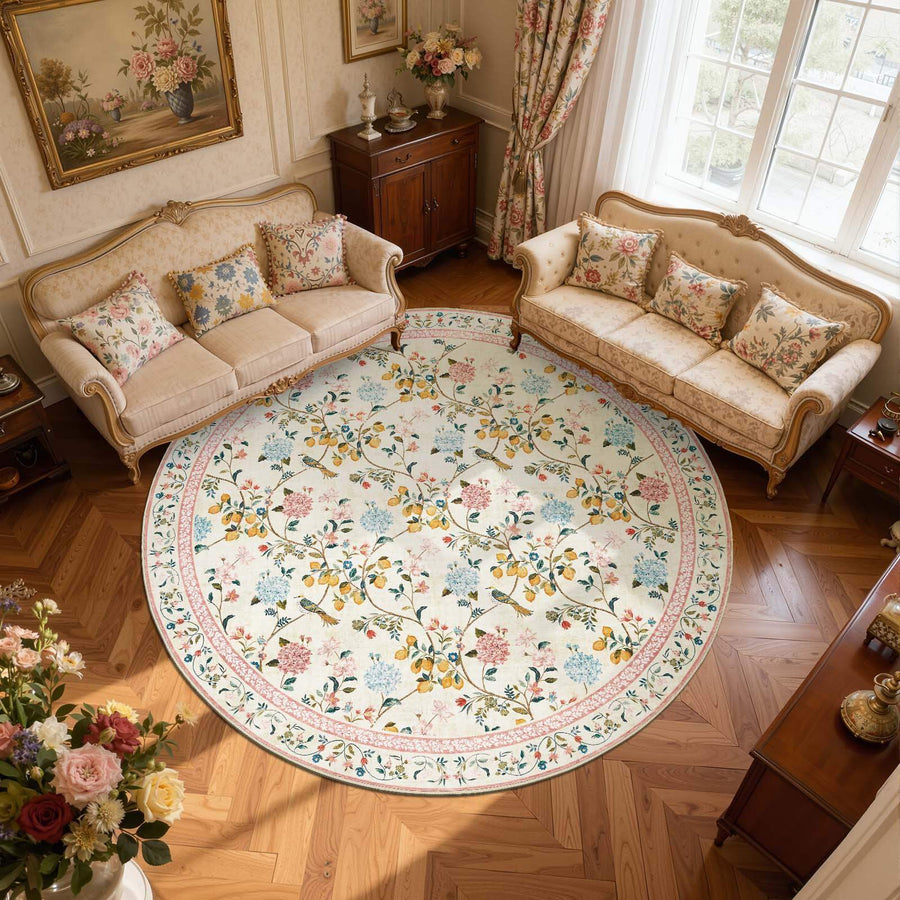 Lemon and Hydrangea Botanical Bird Area Rug - Jinchan Home