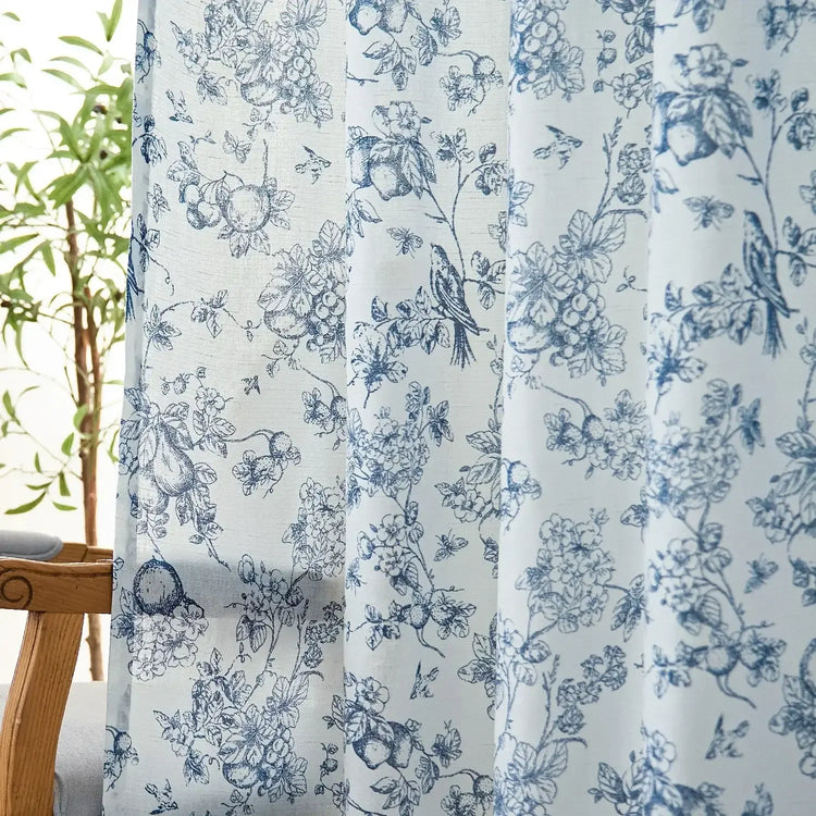 Vintage Bird & Vine Linen Curtains - Jinchan Home